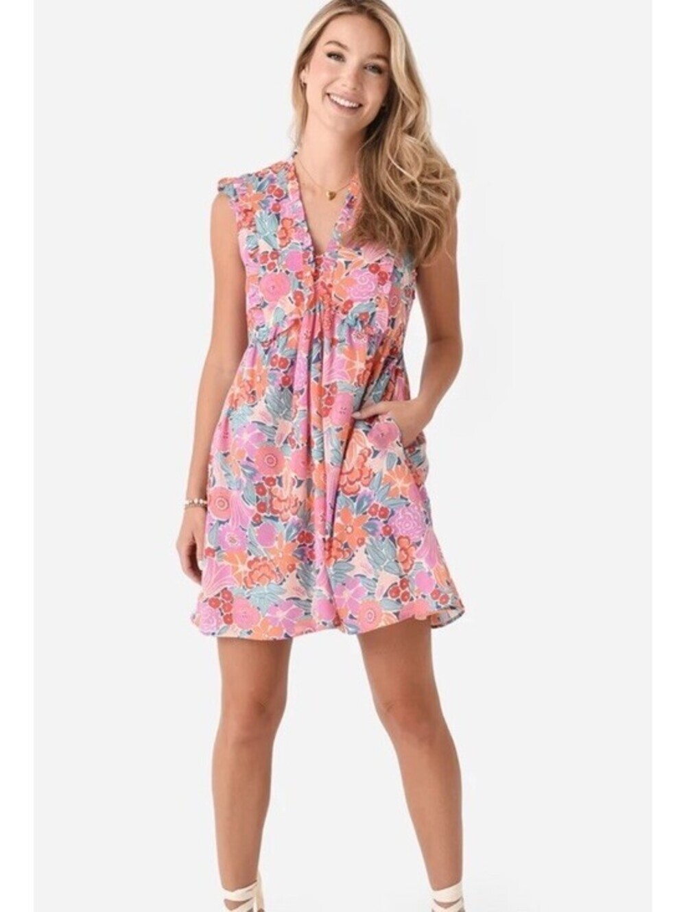 Banjanan Ellian Pink Multicolor Floral Ruffle Sleeve Mini Dress Medium $270
